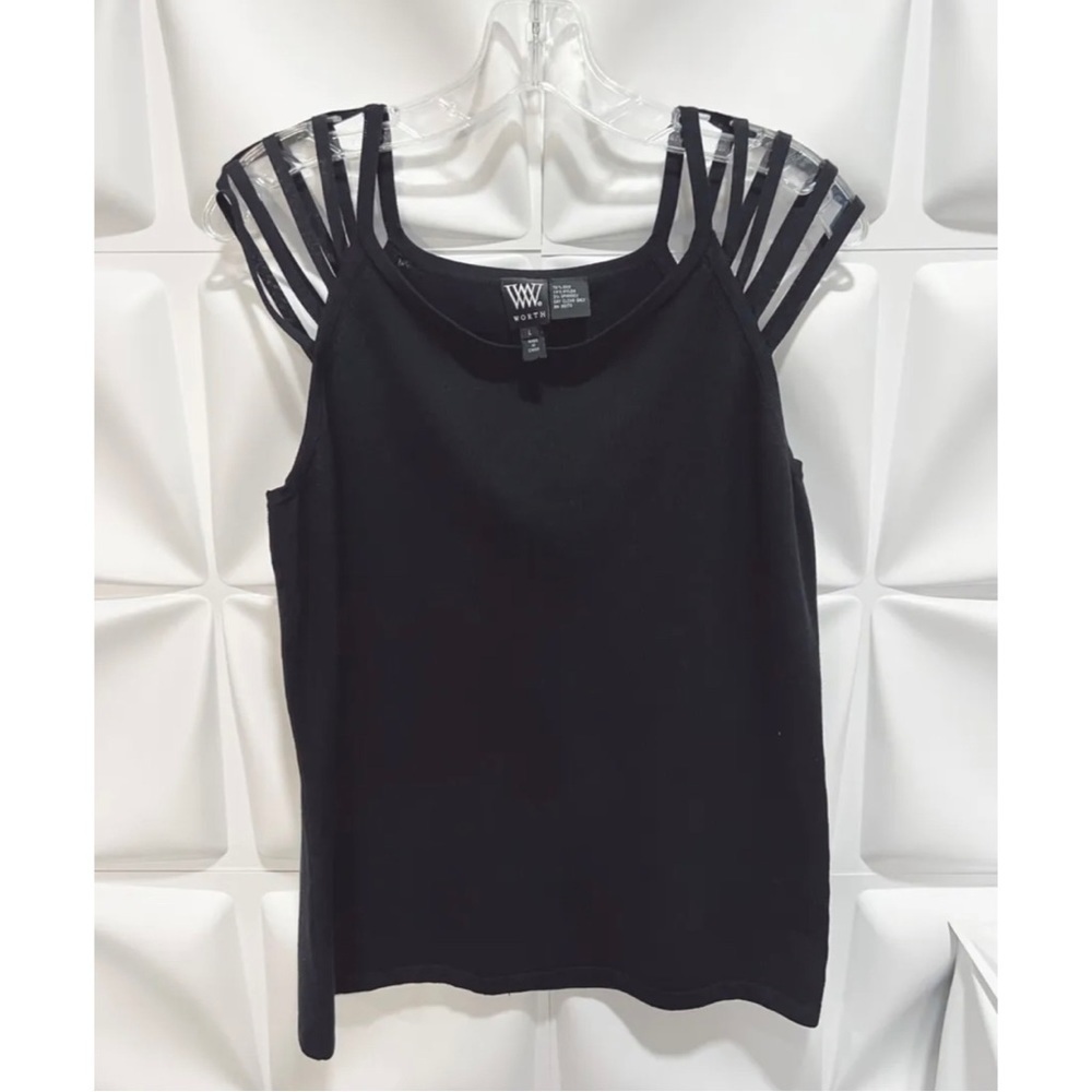 Worth Women Sz L Black Stretch SILK Sweater Knit Caged Cap Sleeve Tank Shell Top